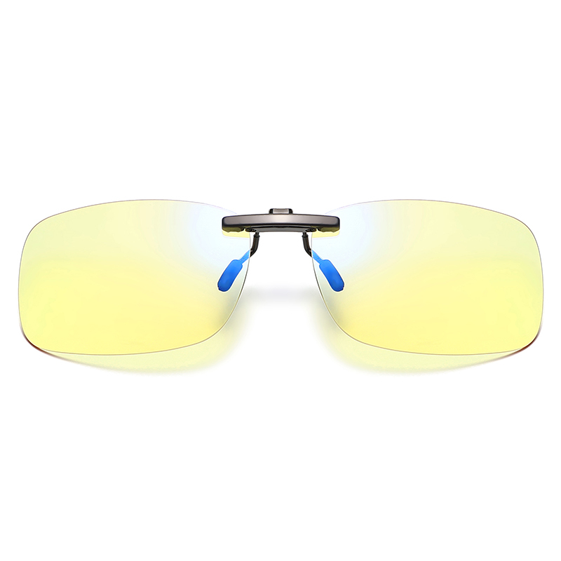 Rimless blue light filter clip-on lenses with a sprung metal bridge clip and a hard case