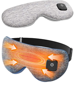 Grey knitted cordless heated eye mask with a power button on the side panel and an adjustable rear strap